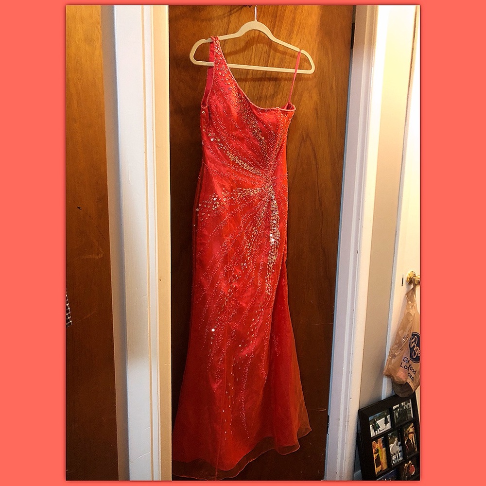 Orange, off the shoulder prom dress